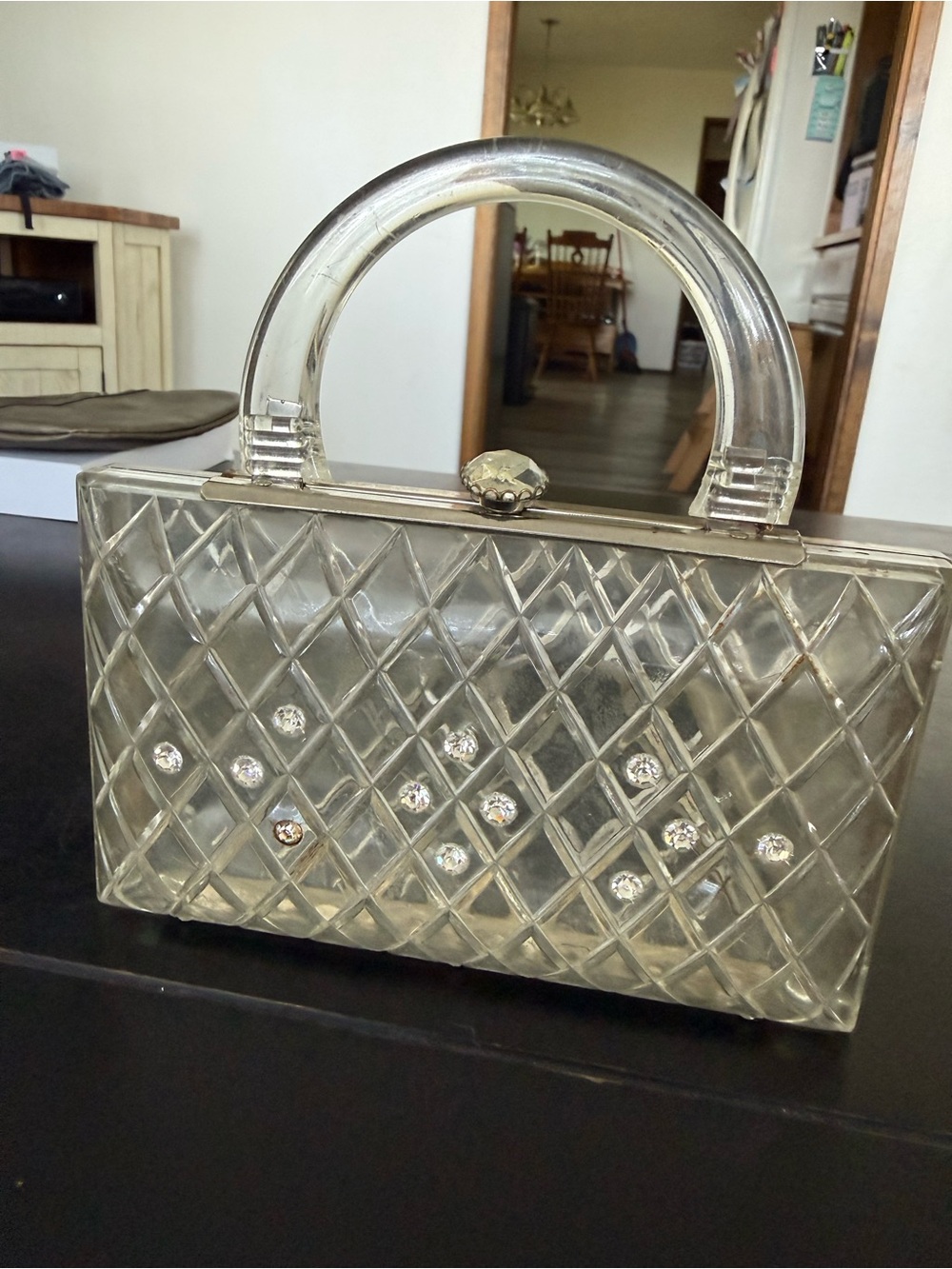 Vintage 1950’s Clear Lucite Purse Quilted with rhinestones